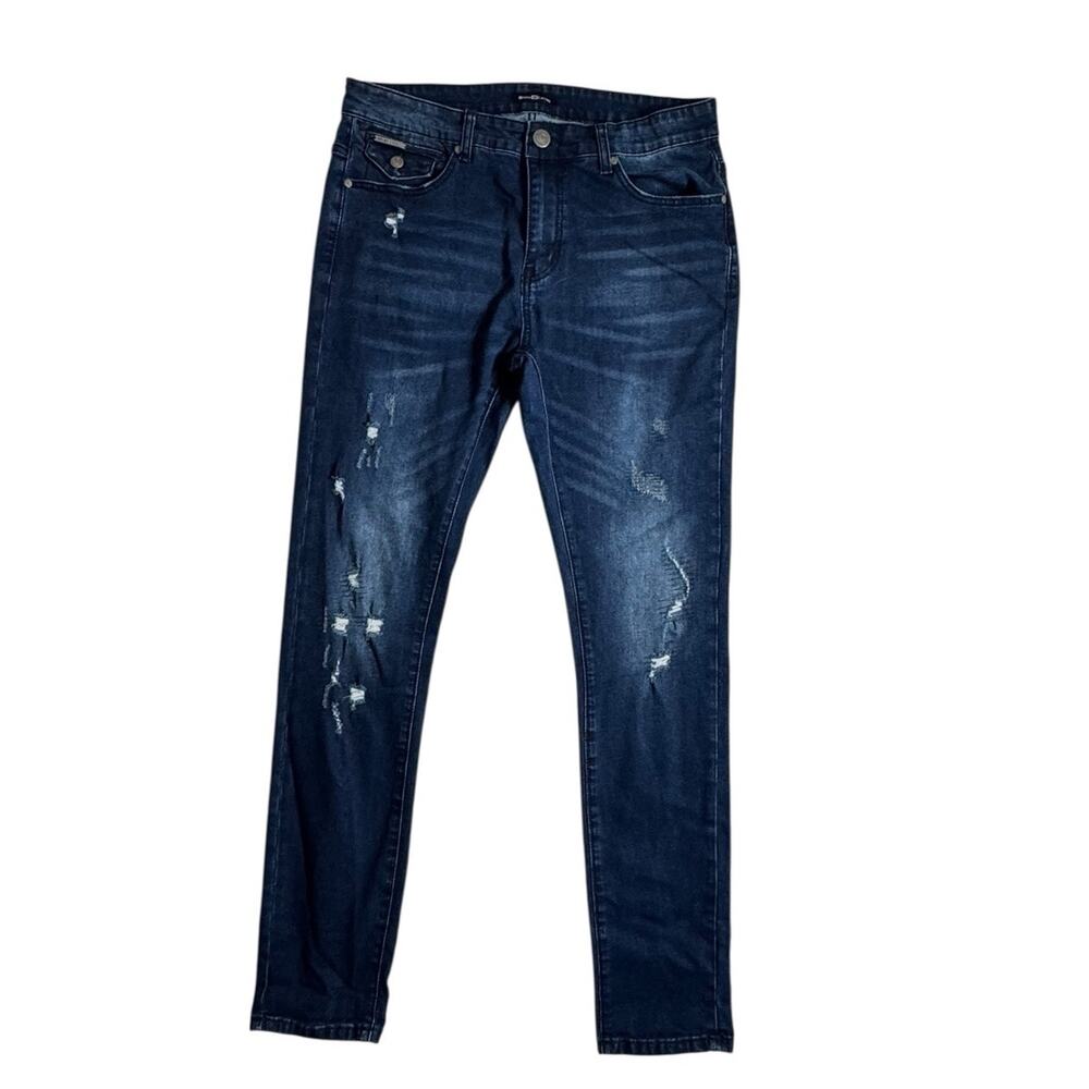 Bruno Cavalli Mens Jeans 34 x 32 Dark Wash Denim Straight Slim Skinny Distressed